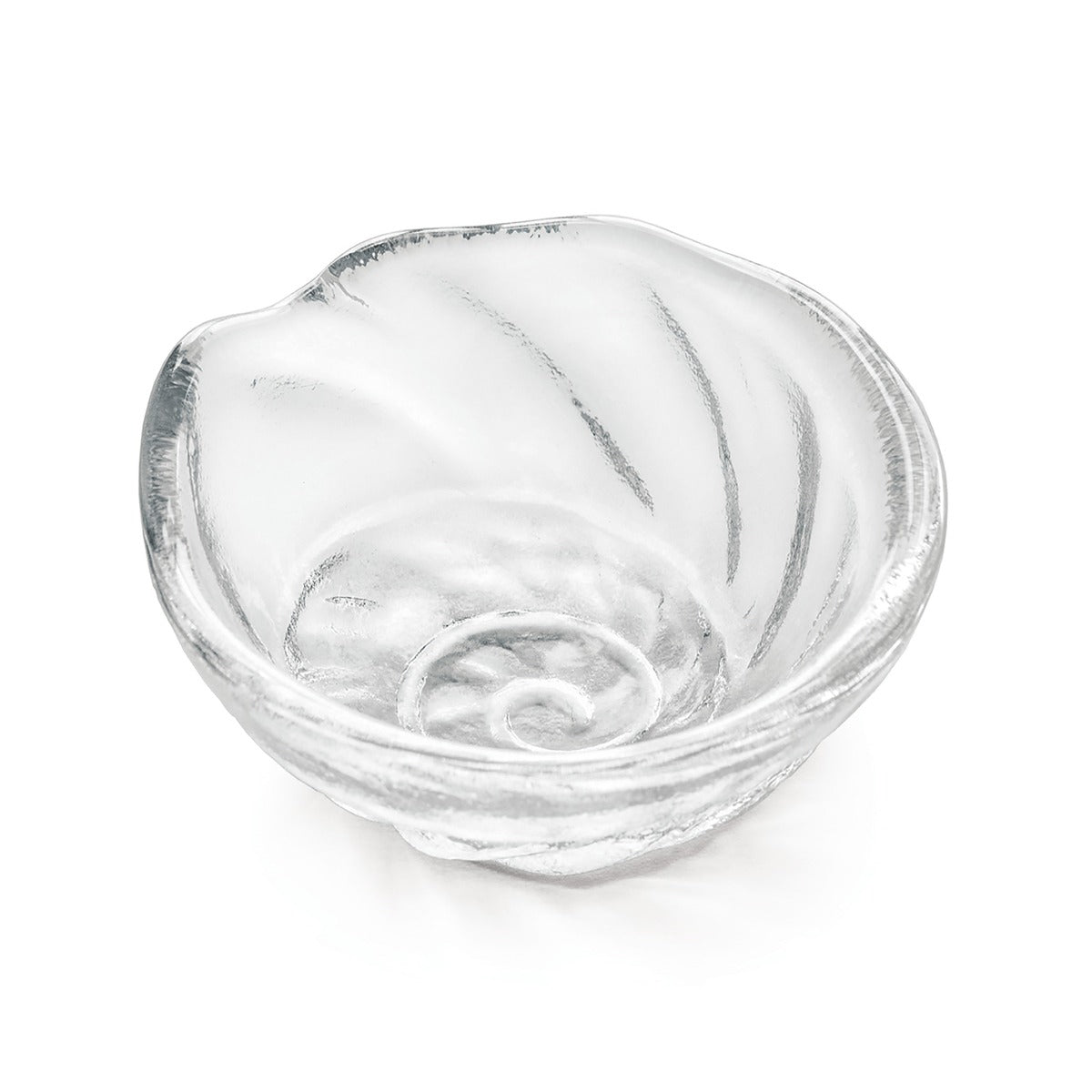 Small clear glass bowl with shell-shaped design and radiating ridges.