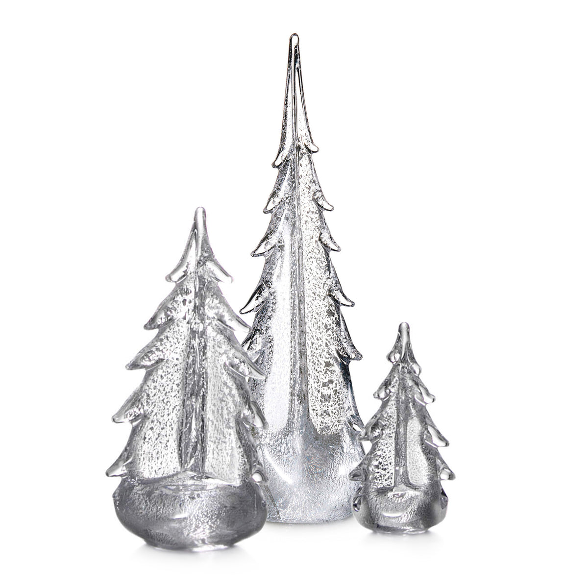 Three silver metallic evergreen tree decorations in varying heights with textured surfaces.