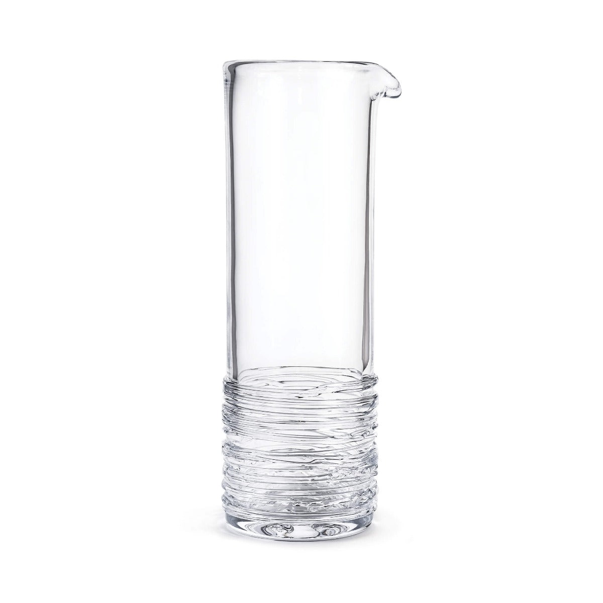 Clear glass cocktail carafe with pouring spout and textured band detail at base.