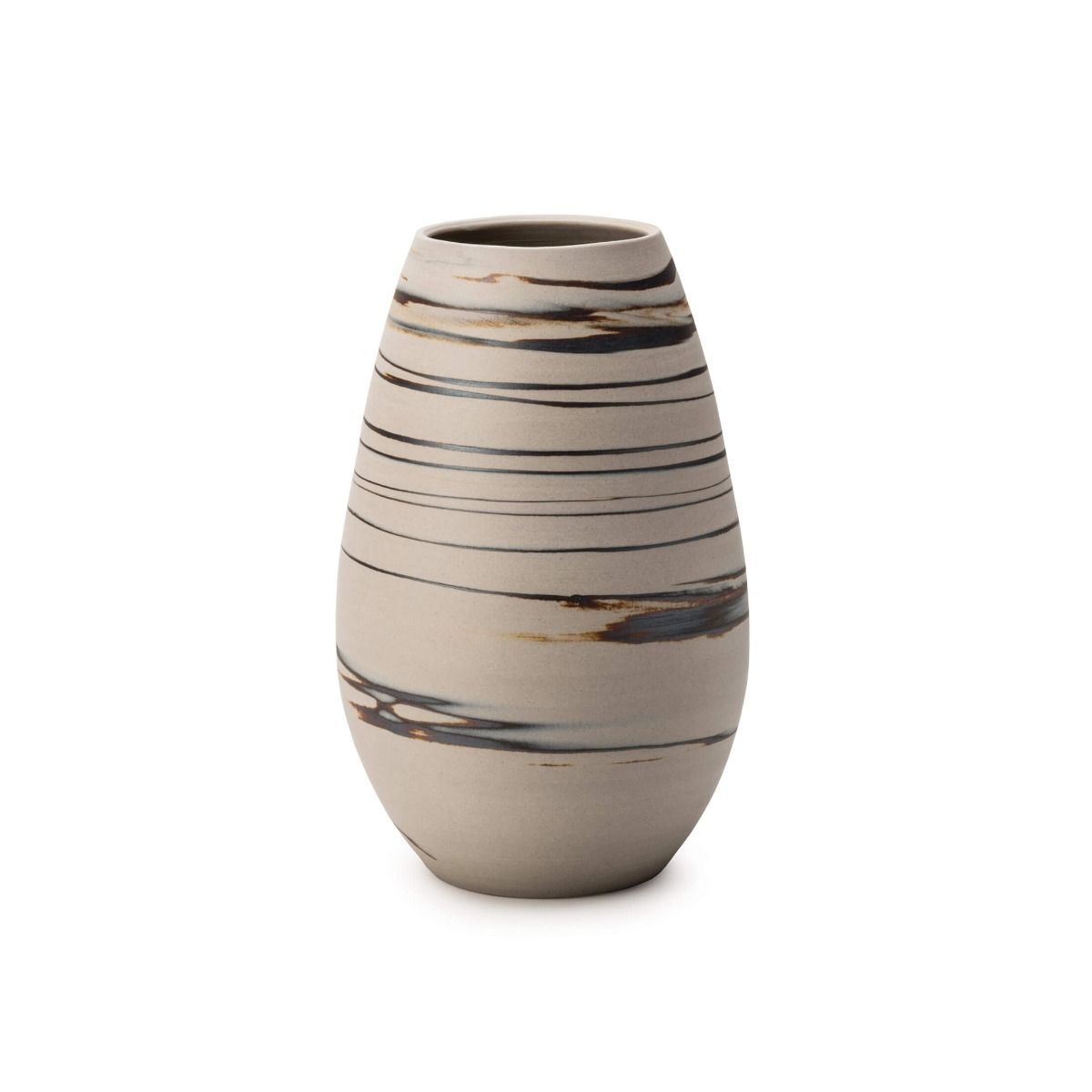 Sand-colored tall vase with horizontal dark and gold stripe bands throughout the body.