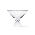 Clear martini glass with wide triangular bowl and bulbous stem base on white background.