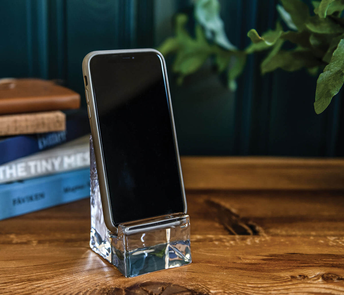 Clear glass phone holder with metal frame on wooden surface next to stacked books and potted plant.