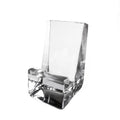 Clear acrylic phone holder with angled back panel and front slot for device placement.