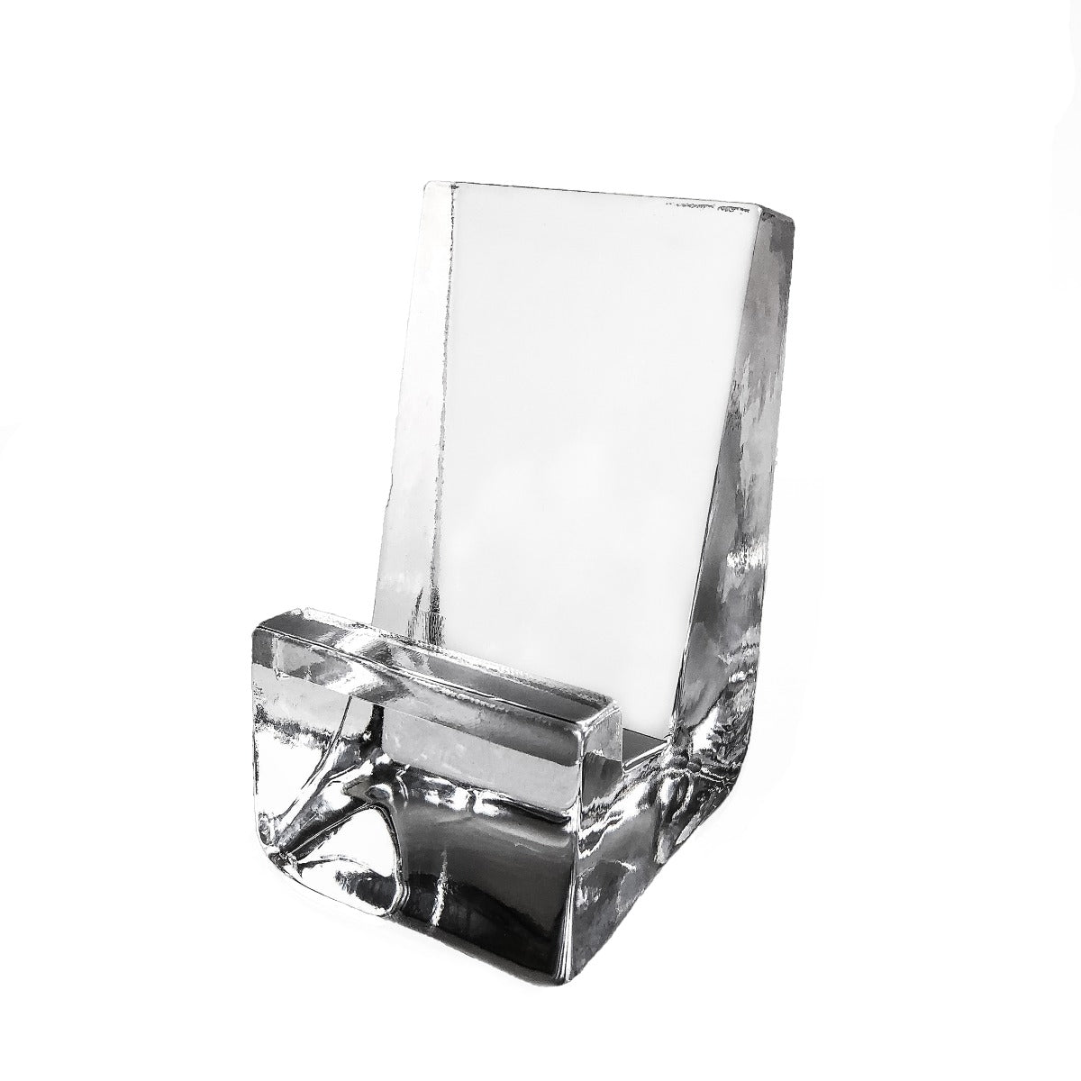 Clear acrylic phone holder with angled back panel and front slot for device placement.