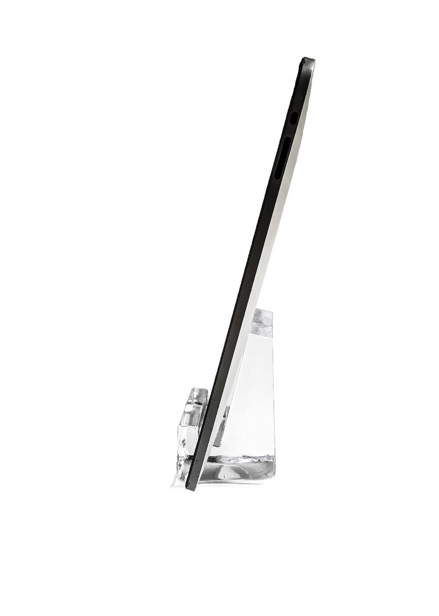 Black and clear plastic phone holder with angled stand and gripping slot for device support.