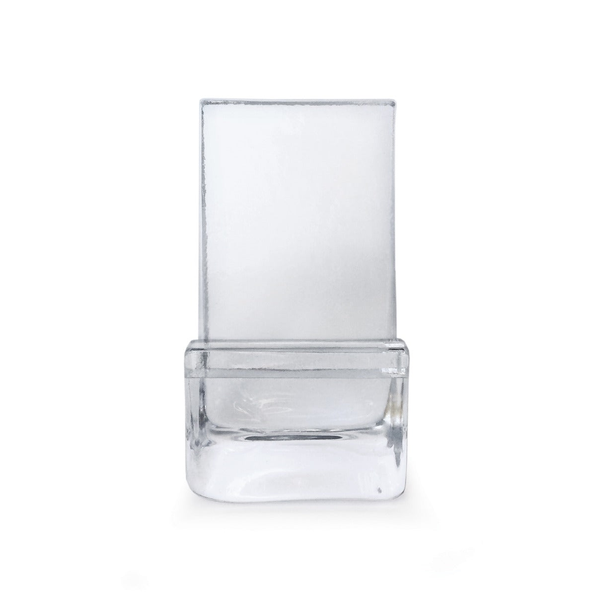 Clear acrylic phone holder with angled back panel and curved base compartment.