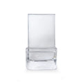 Clear acrylic phone holder with angled back panel and curved base slot for device support.