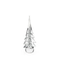Clear glass decorative spruce tree with pointed top and tiered branch design on round base.