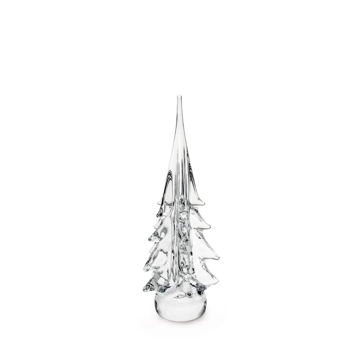 Clear glass decorative spruce tree with pointed top and tiered branch design on round base.