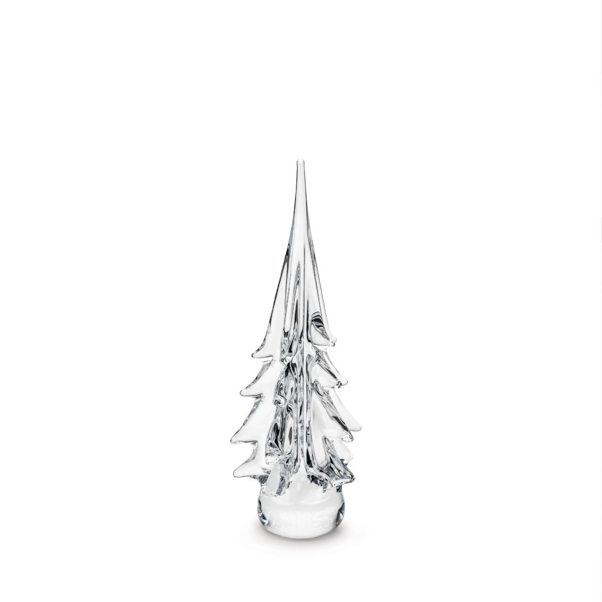 Clear glass decorative evergreen tree with pointed top and tiered branch design on round base.