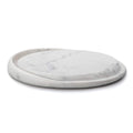 Round white marble board with gray veining and raised rim edge.