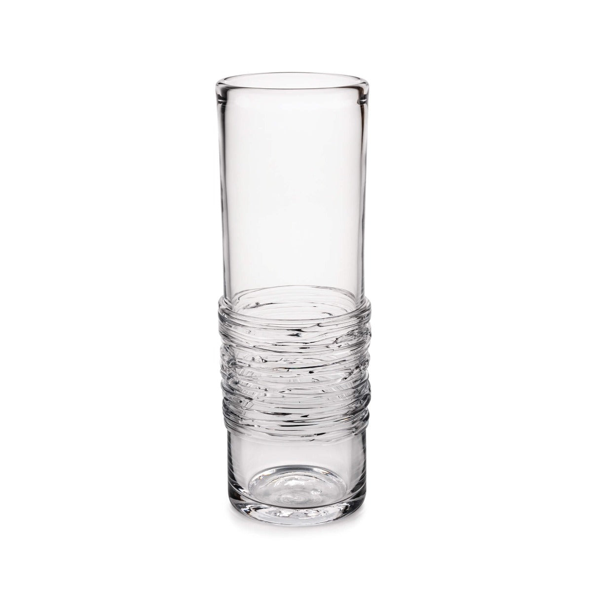 Clear glass cylinder vase with textured wrapped band around lower section.