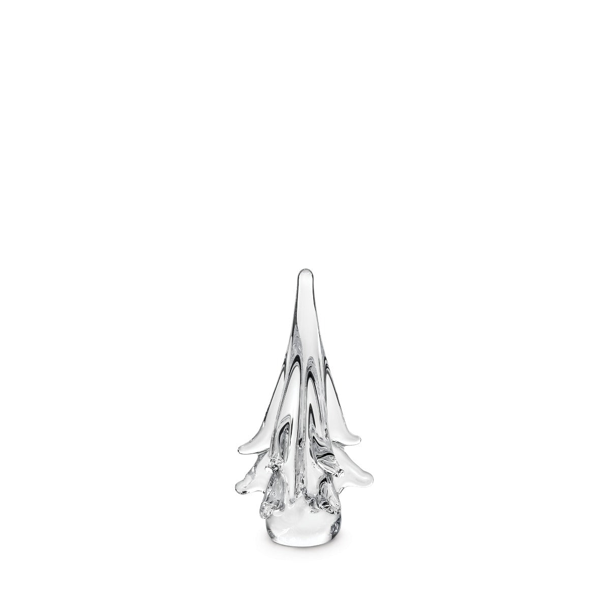 Clear glass spruce evergreen figurine with pointed top and curved branch-like extensions, approximately 6 inches tall.