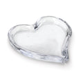 Clear glass tray shaped like a heart with a shallow well and raised edges.