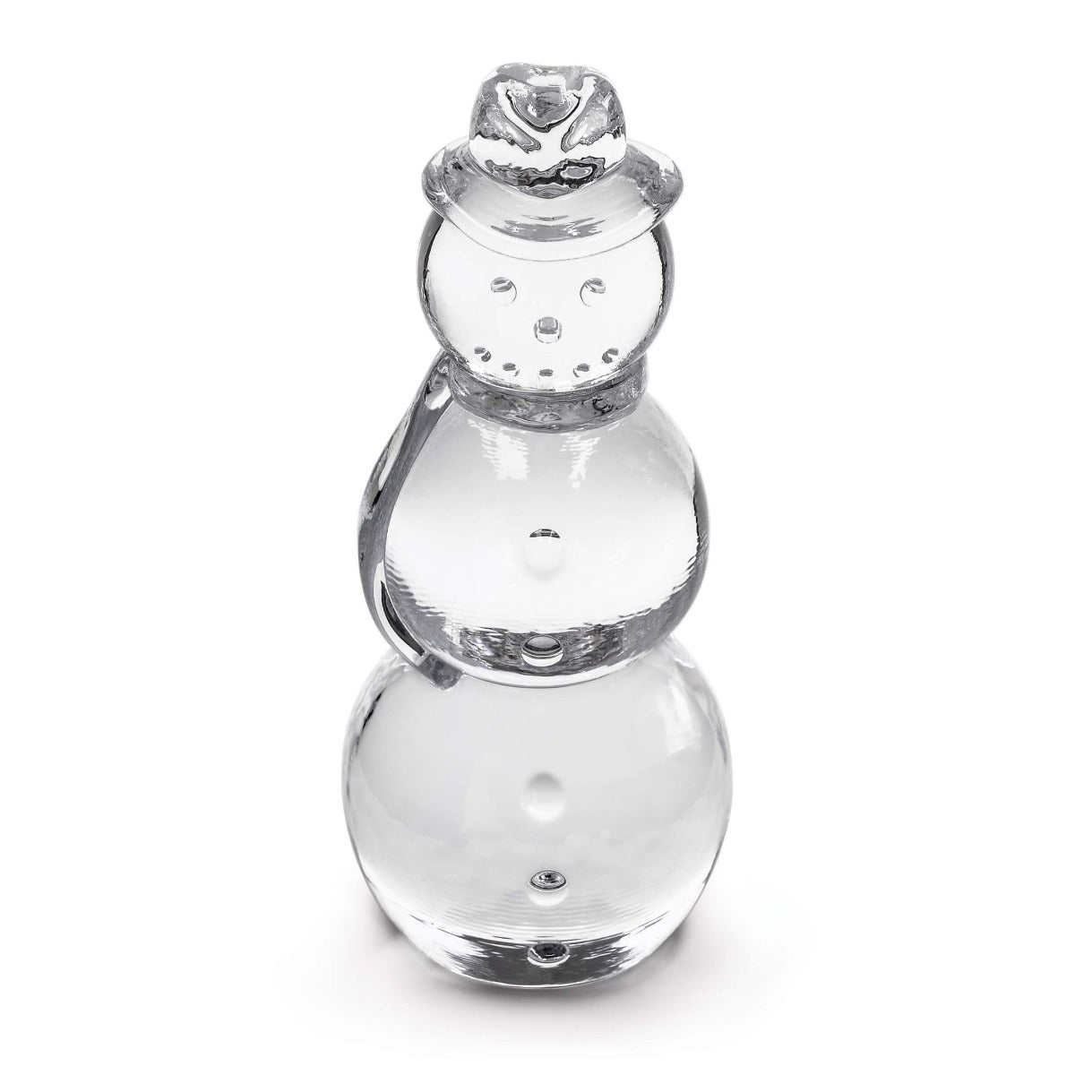 Clear glass snowman figurine with stacked spheres, metallic hat, and dot details for facial features.