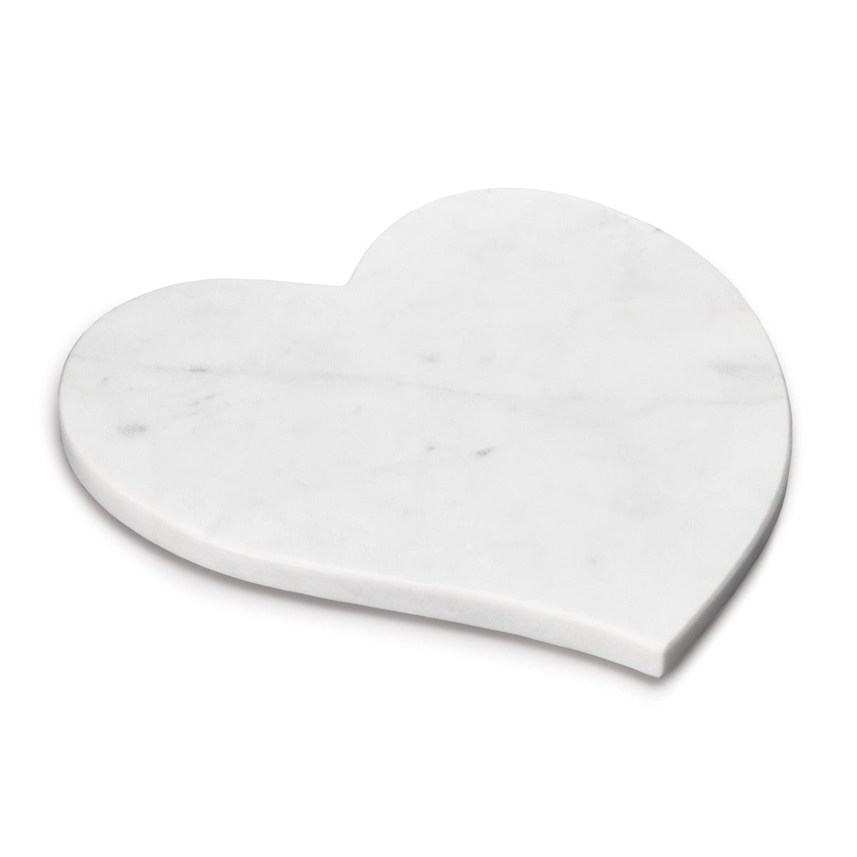 White marble heart-shaped board with subtle gray veining throughout.
