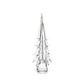 Clear glass decorative spruce tree with tiered branches and pointed top on round base.