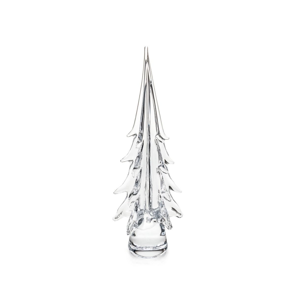 Clear glass decorative spruce tree with tiered branches and pointed top on round base.