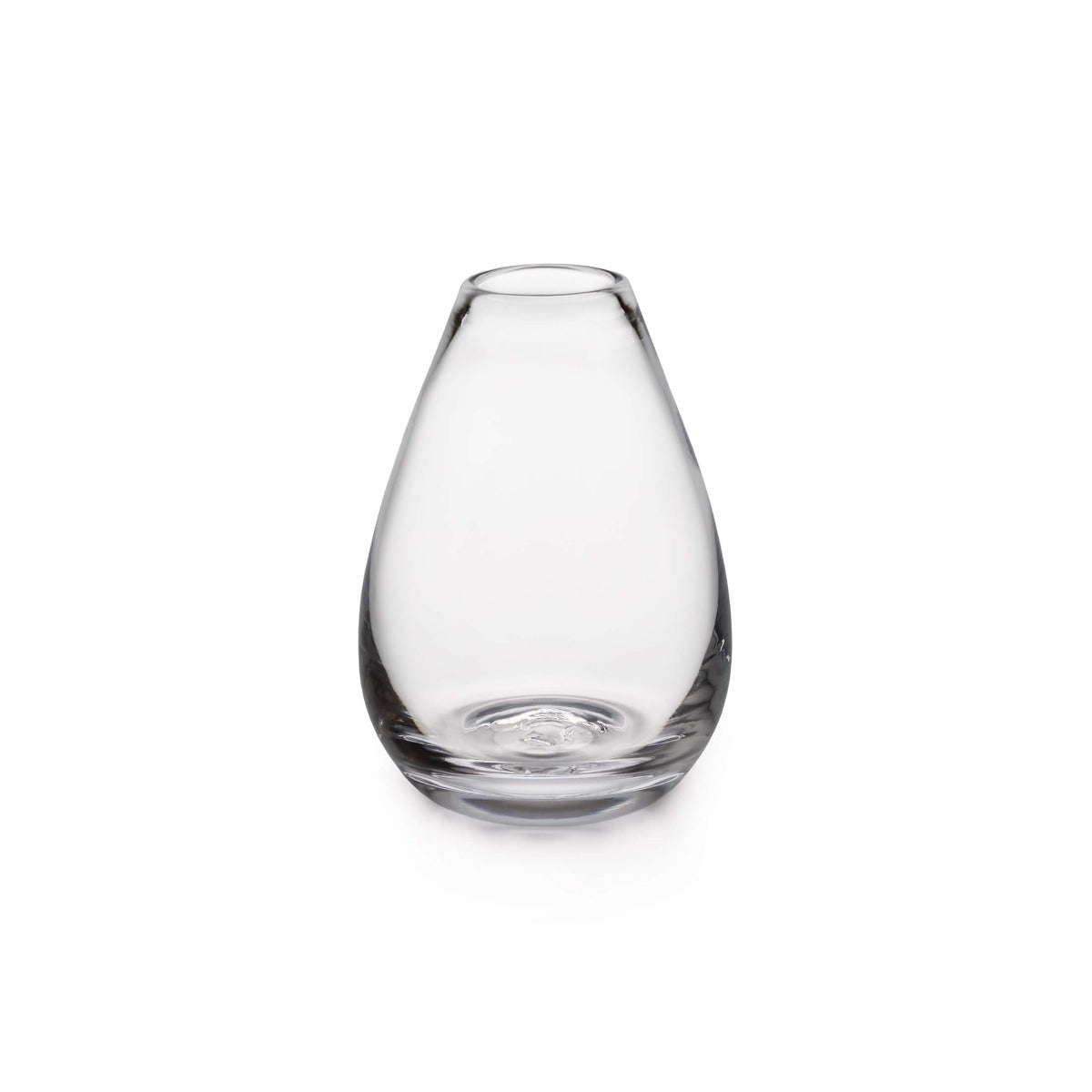 Clear glass bud vase with teardrop shape and rounded rim.