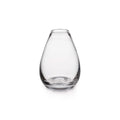 Clear glass bud vase with teardrop shape and tapered top opening.