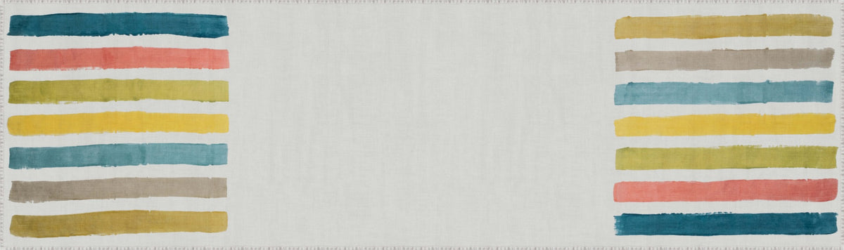 Linen table runner with horizontal stripes in teal, coral, olive, yellow, and gray on cream background.