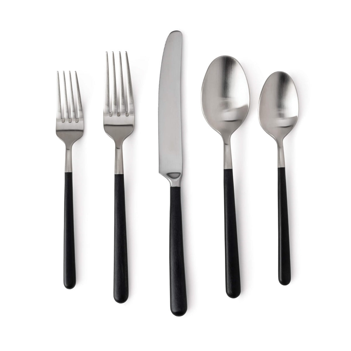 Five-piece stainless steel flatware set with black handles including two forks, two spoons, and one knife.