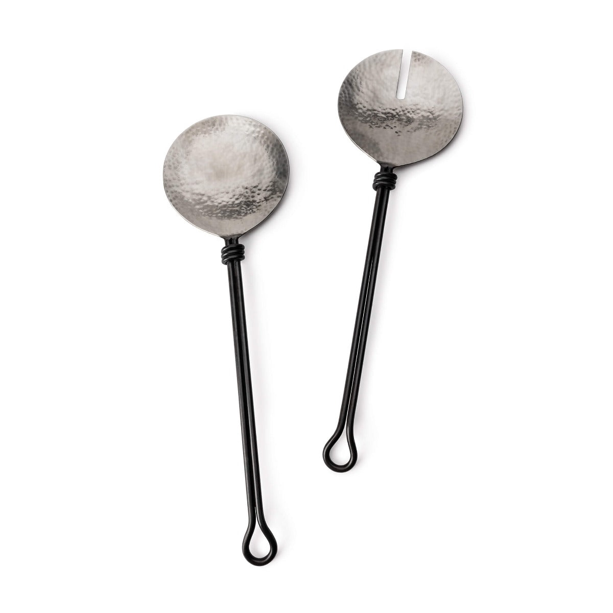 Two serving spoons with hammered silver bowl heads and black handles with loop ends.