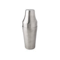 Stainless steel cocktail shaker with tapered top section and wider base, featuring a removable cap.