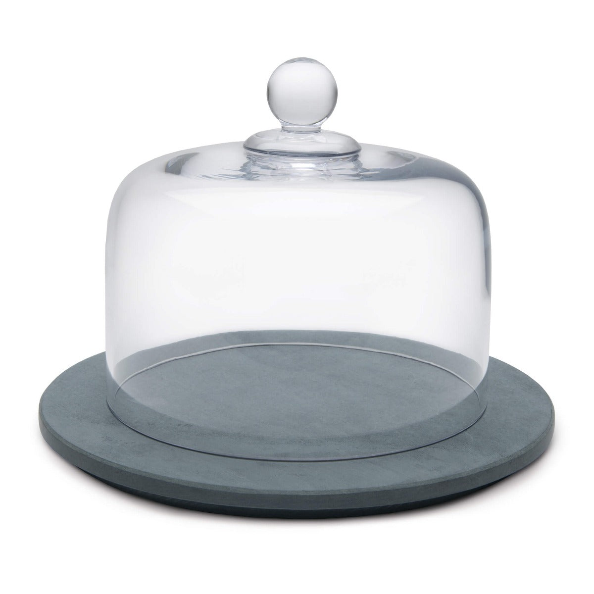 Grey soapstone round board with clear glass dome cover and spherical knob finial.