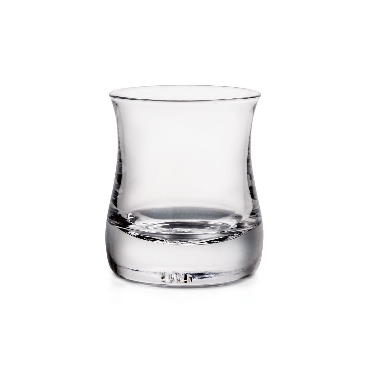 Clear glass double old-fashioned tumbler with curved sides and weighted base.