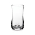 Clear glass tumbler with curved sides and weighted base, displayed against white background.