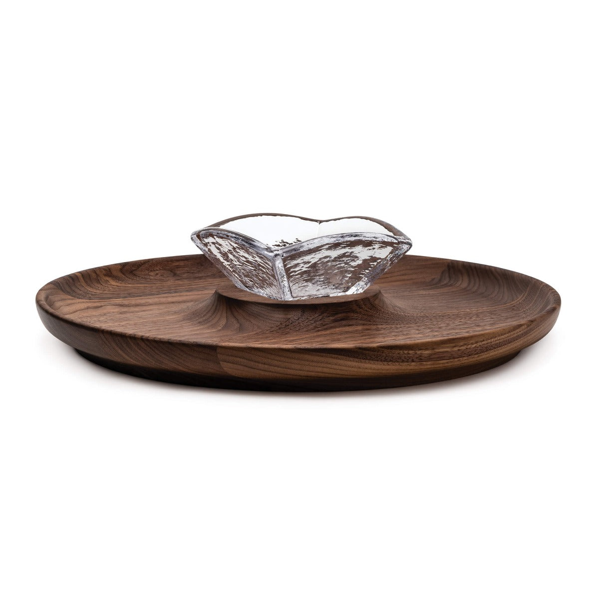 Wooden chip and dip server with textured metal dip bowl centered on round wood base.