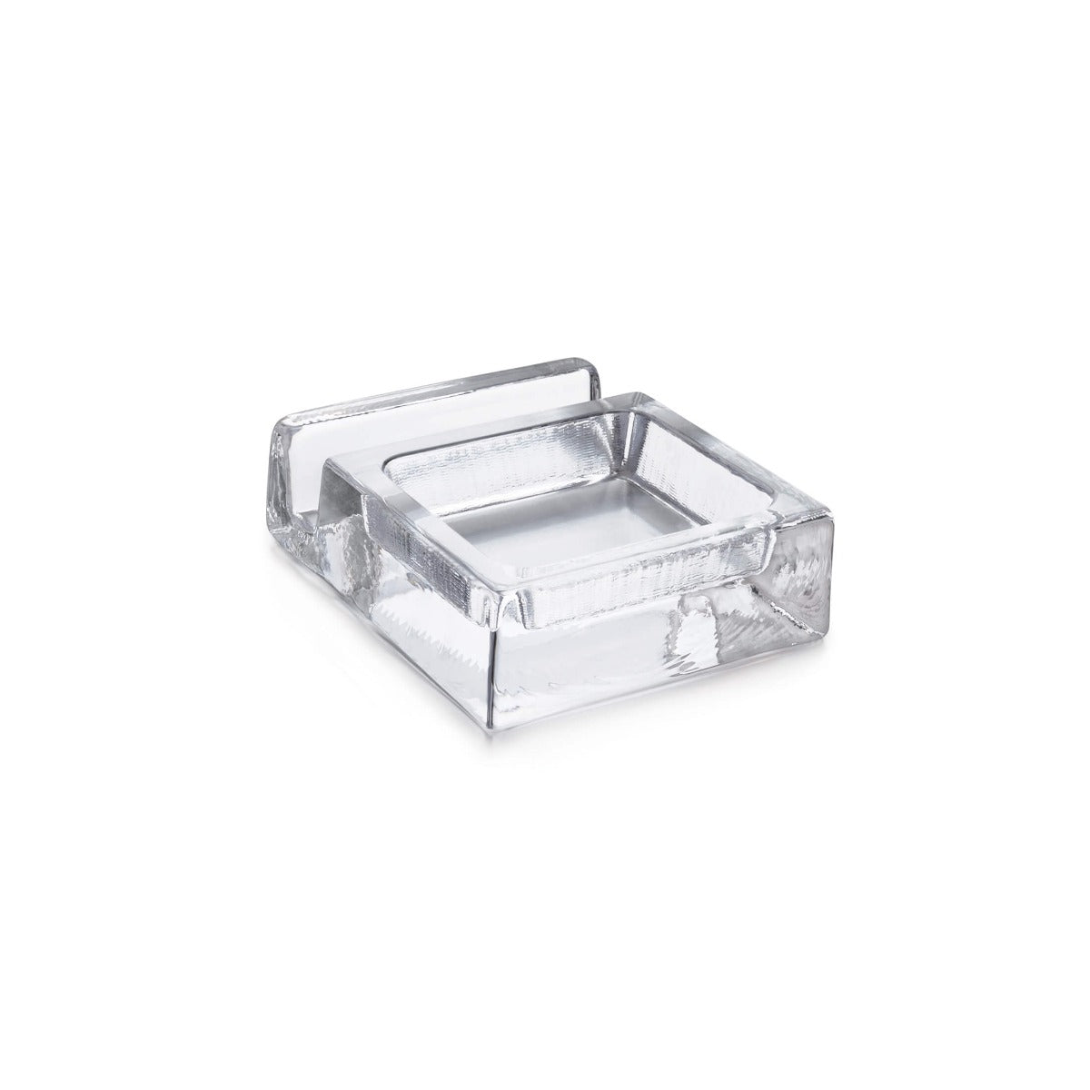Clear acrylic phone valet with metal tray and handle for organizing personal items.