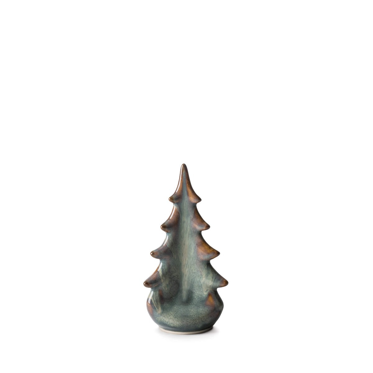 Ceramic evergreen tree figurine with moss green glaze and bronze-toned accents on pointed branches.