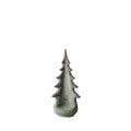 Ceramic evergreen tree figurine in moss green glaze with pointed crown and layered branches.