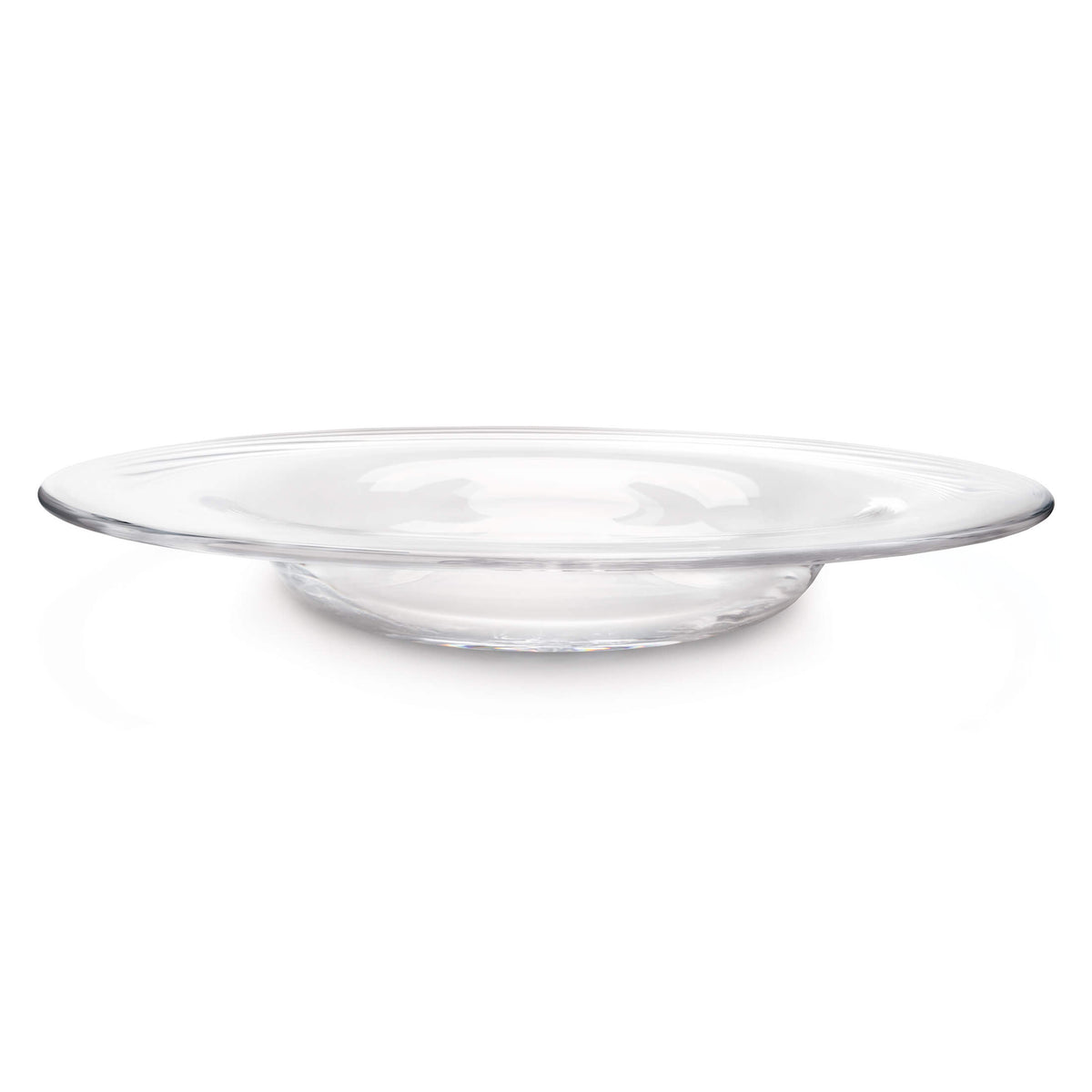 Clear glass platter with wide shallow bowl and rimmed edges.