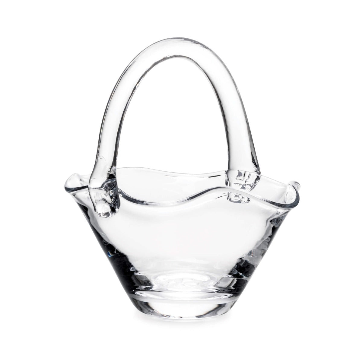 Clear glass basket with curved sides and an arched handle.
