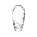 Clear glass vase with curved sculptural swirls throughout, rounded rim, and tapered base.