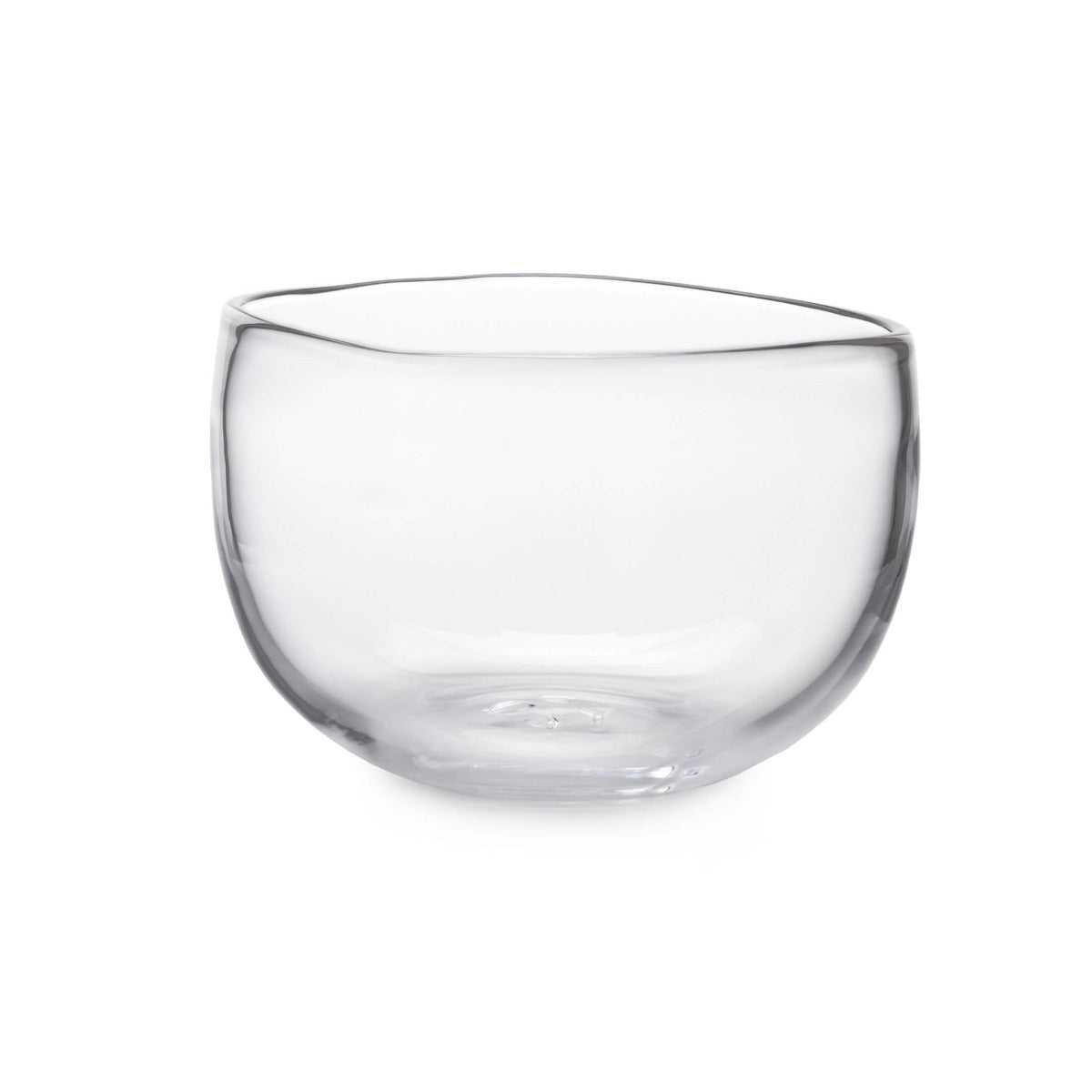 Clear glass bowl with curved sides and rounded rim.