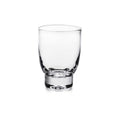 Clear glass tumbler with tapered sides and thick base, suitable for beverages.
