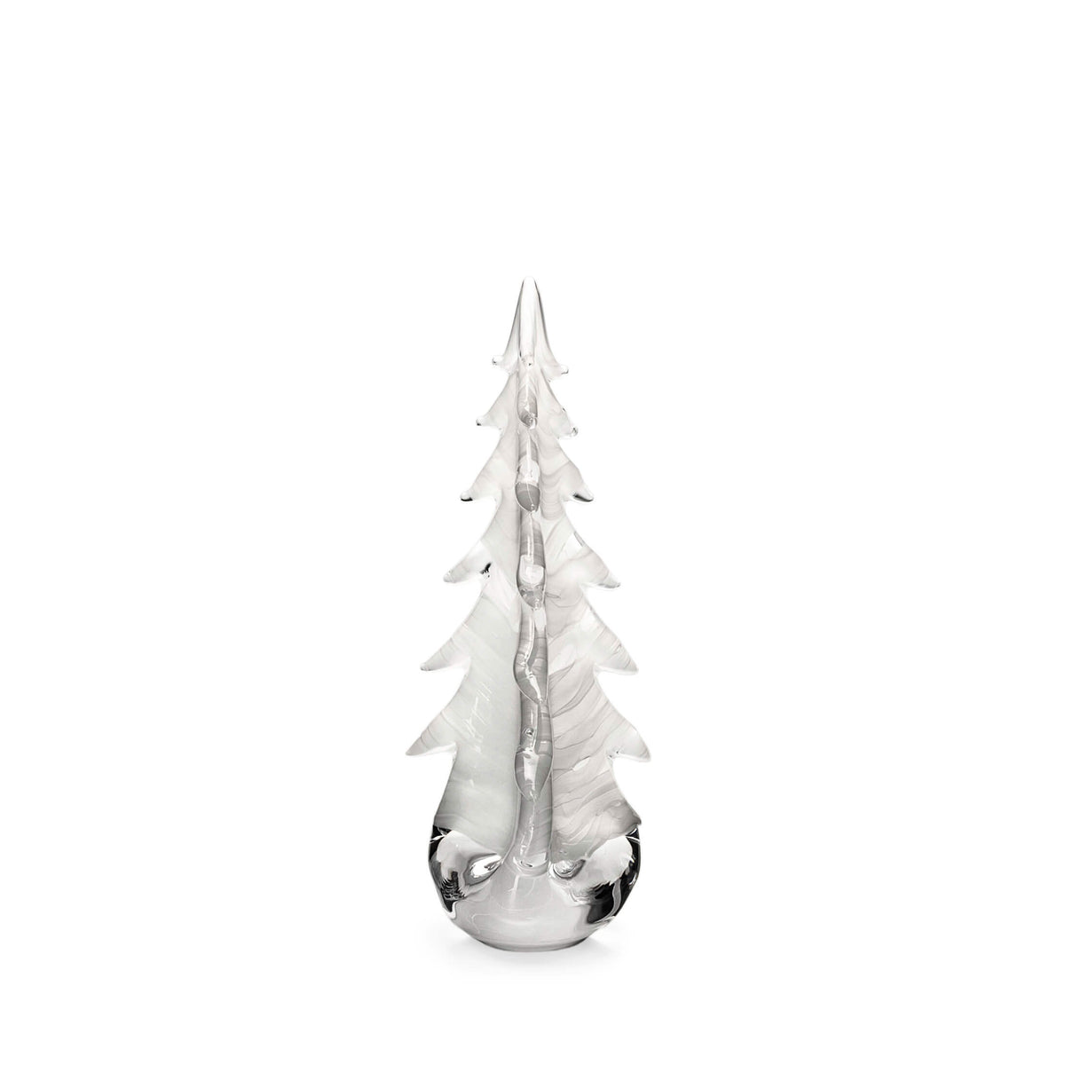 White glass evergreen tree with pointed top and layered branches on round base.