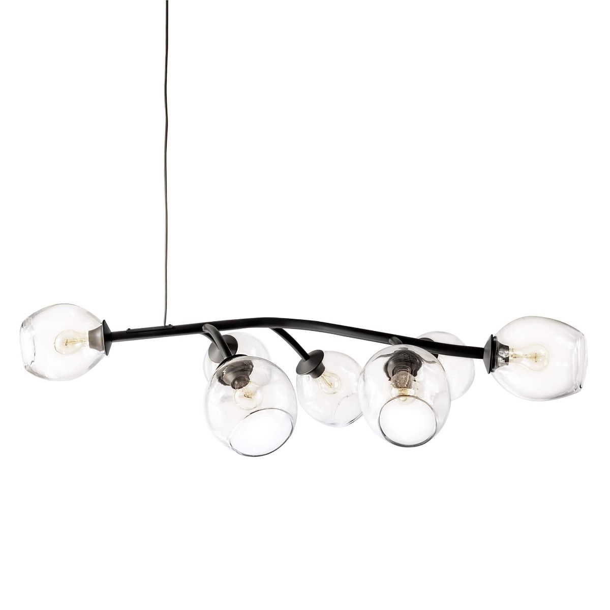 Black curved chandelier with five clear glass globe shades containing visible filament bulbs.