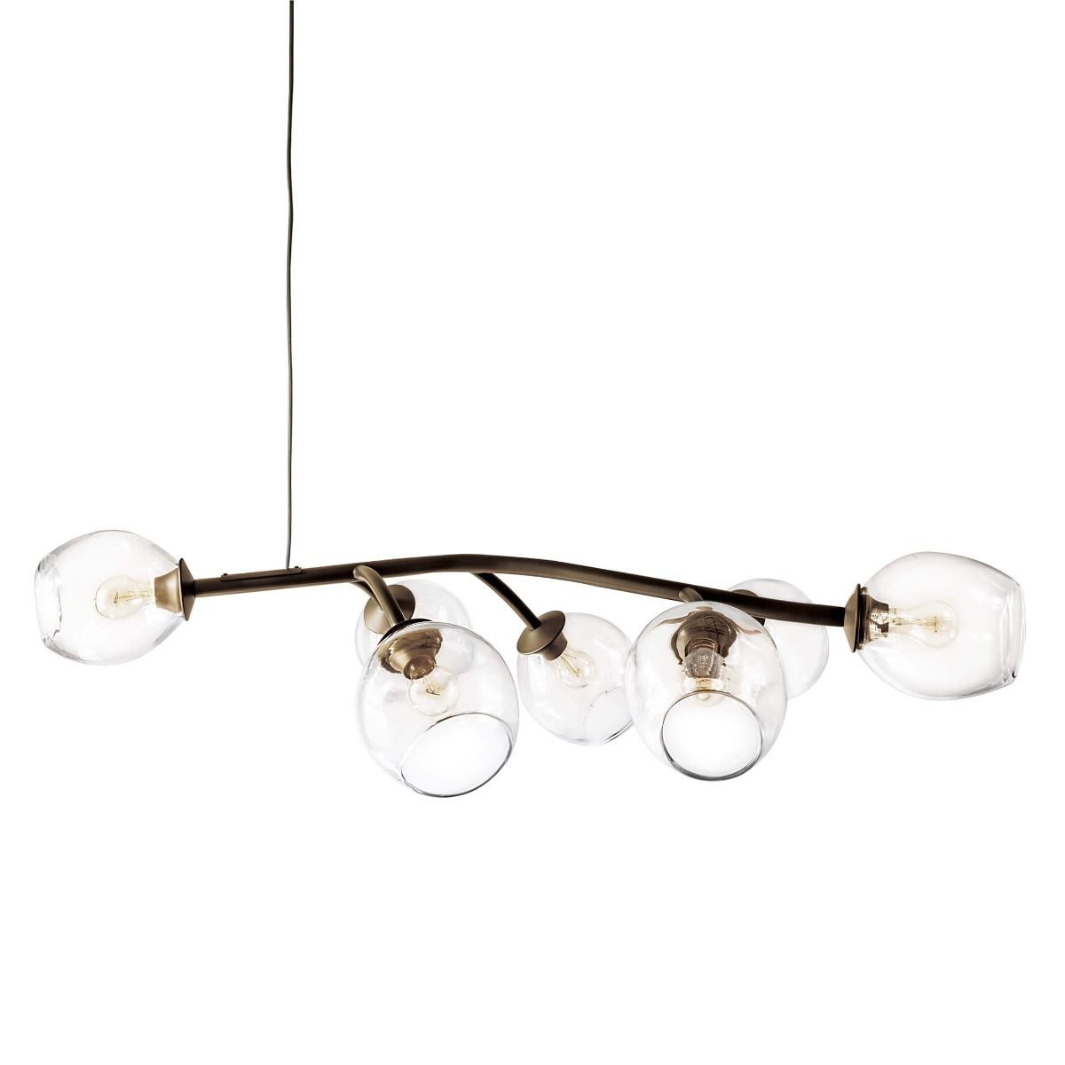 Curved black metal chandelier with five clear glass globe pendants and brass accents, suspended by a thin cord.