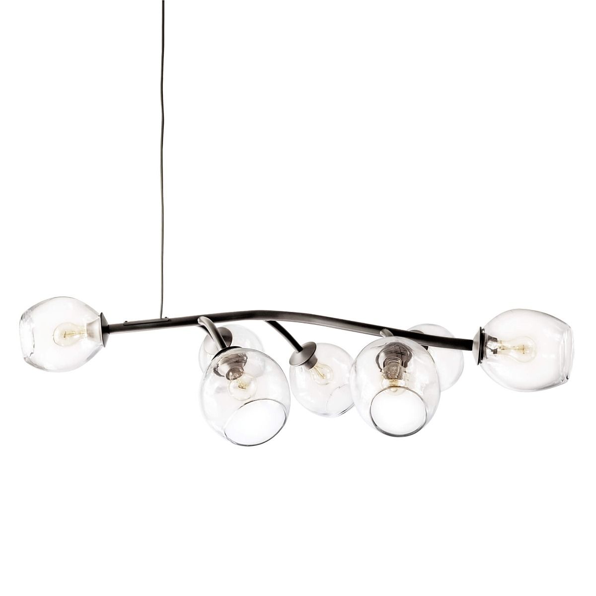 Black curved chandelier with five clear glass globe pendant lights and visible filament bulbs.