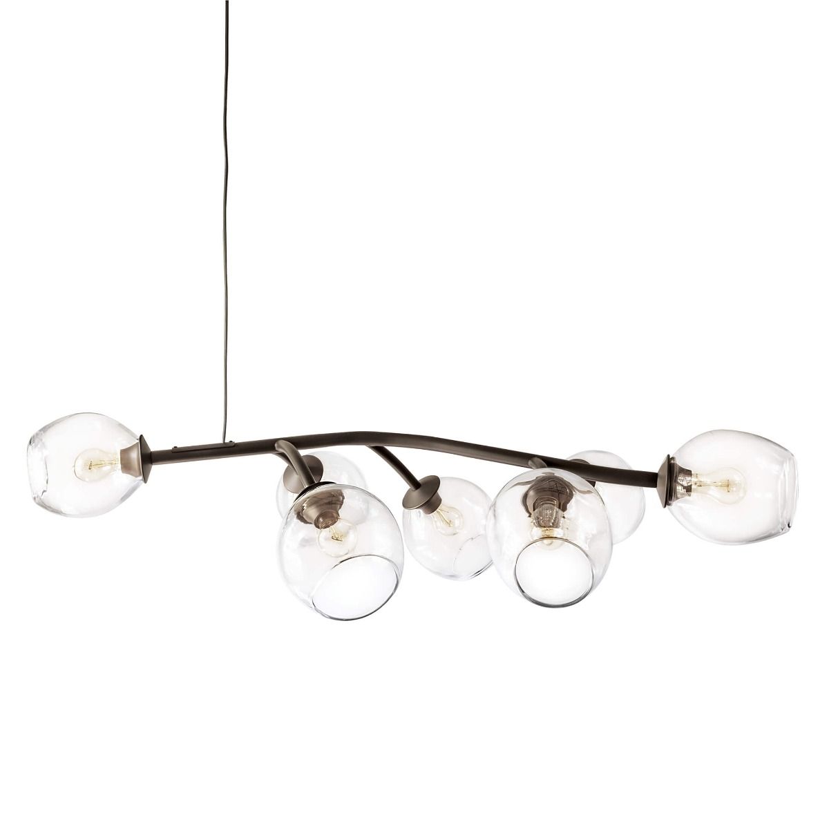 Curved metal branch chandelier with five clear glass globe shades and exposed filament bulbs.