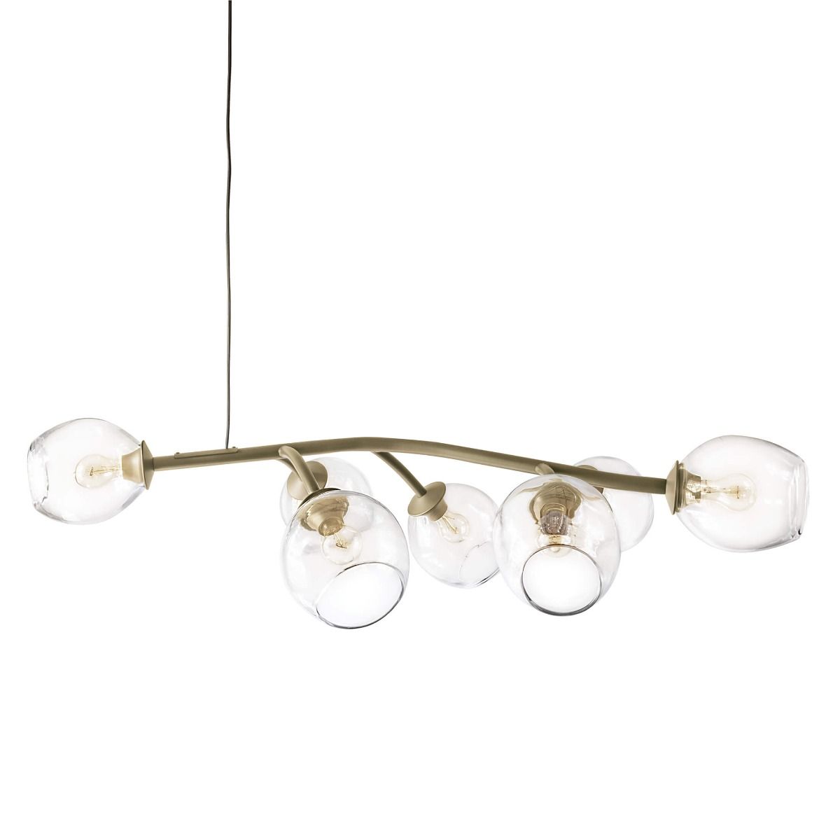 Brass curved chandelier with five clear glass globes containing exposed filament bulbs, suspended by a thin cord.