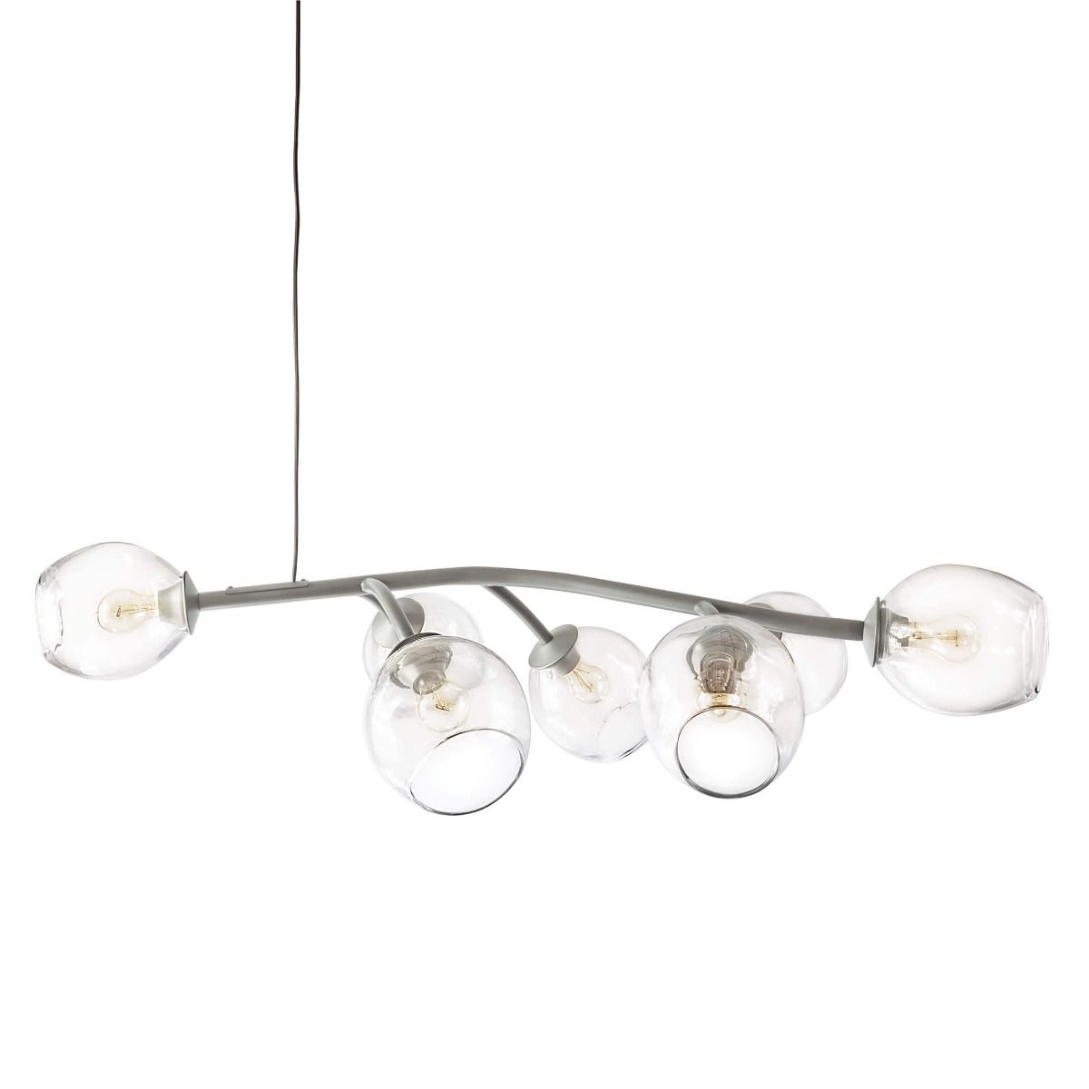 Curved metal chandelier with five clear glass globe shades containing visible filament bulbs, suspended by a single cord.