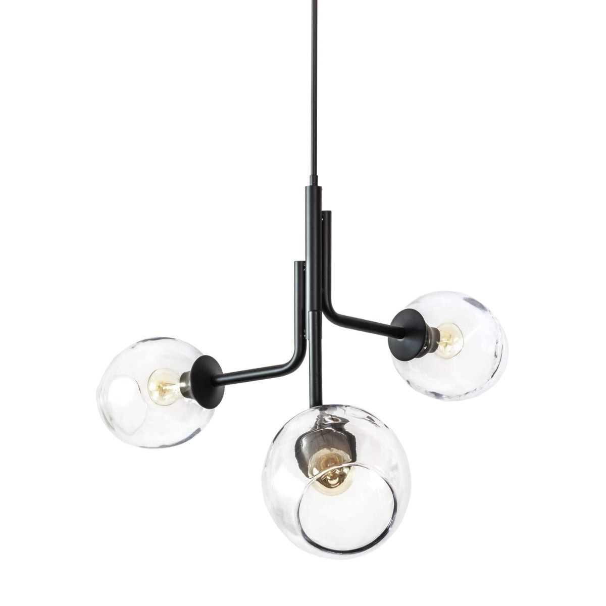 Black chandelier with three clear glass globe shades arranged asymmetrically on curved arms with brass-accented sockets.