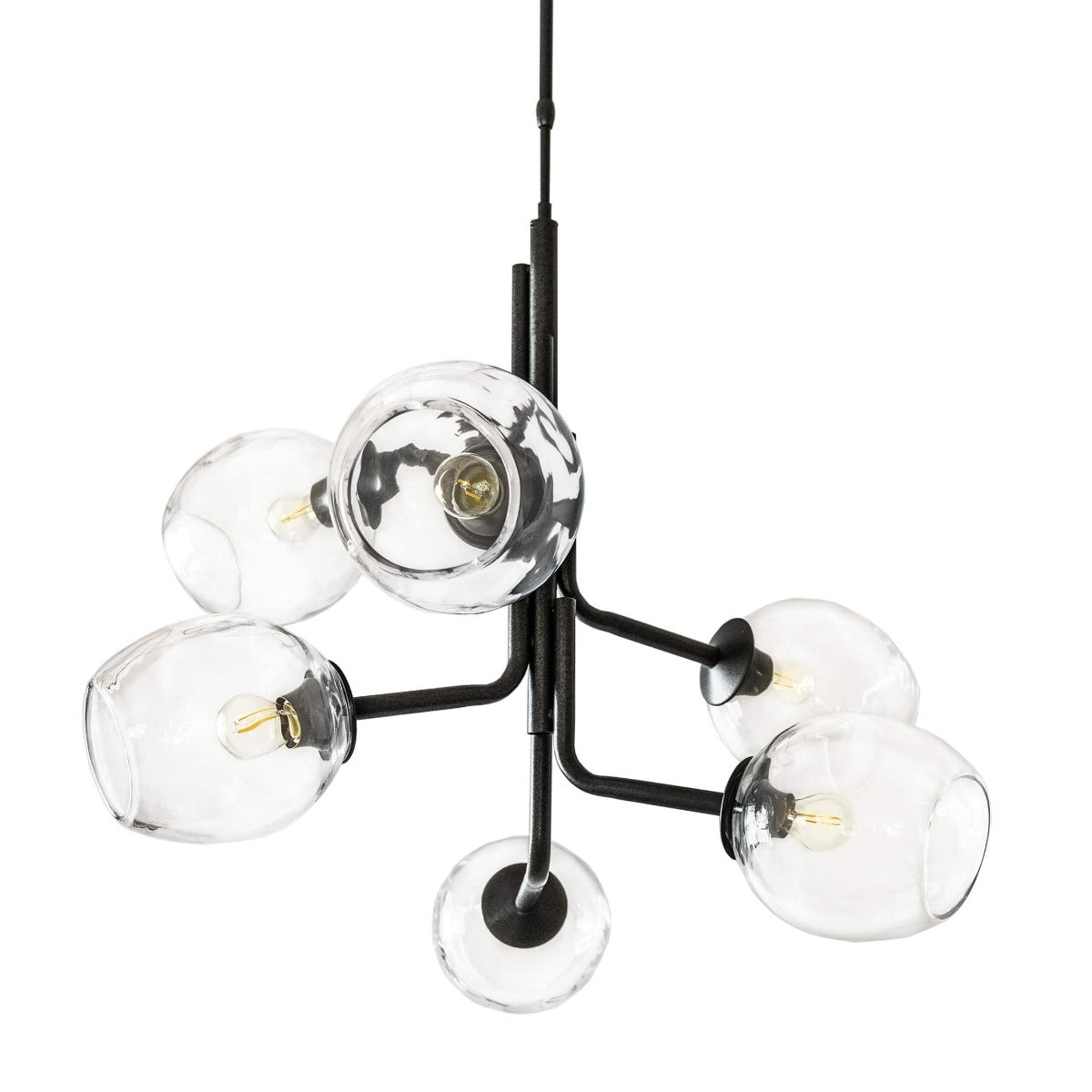 Black metal chandelier with six clear glass globes and brass-colored bulb fixtures arranged on curved arms.