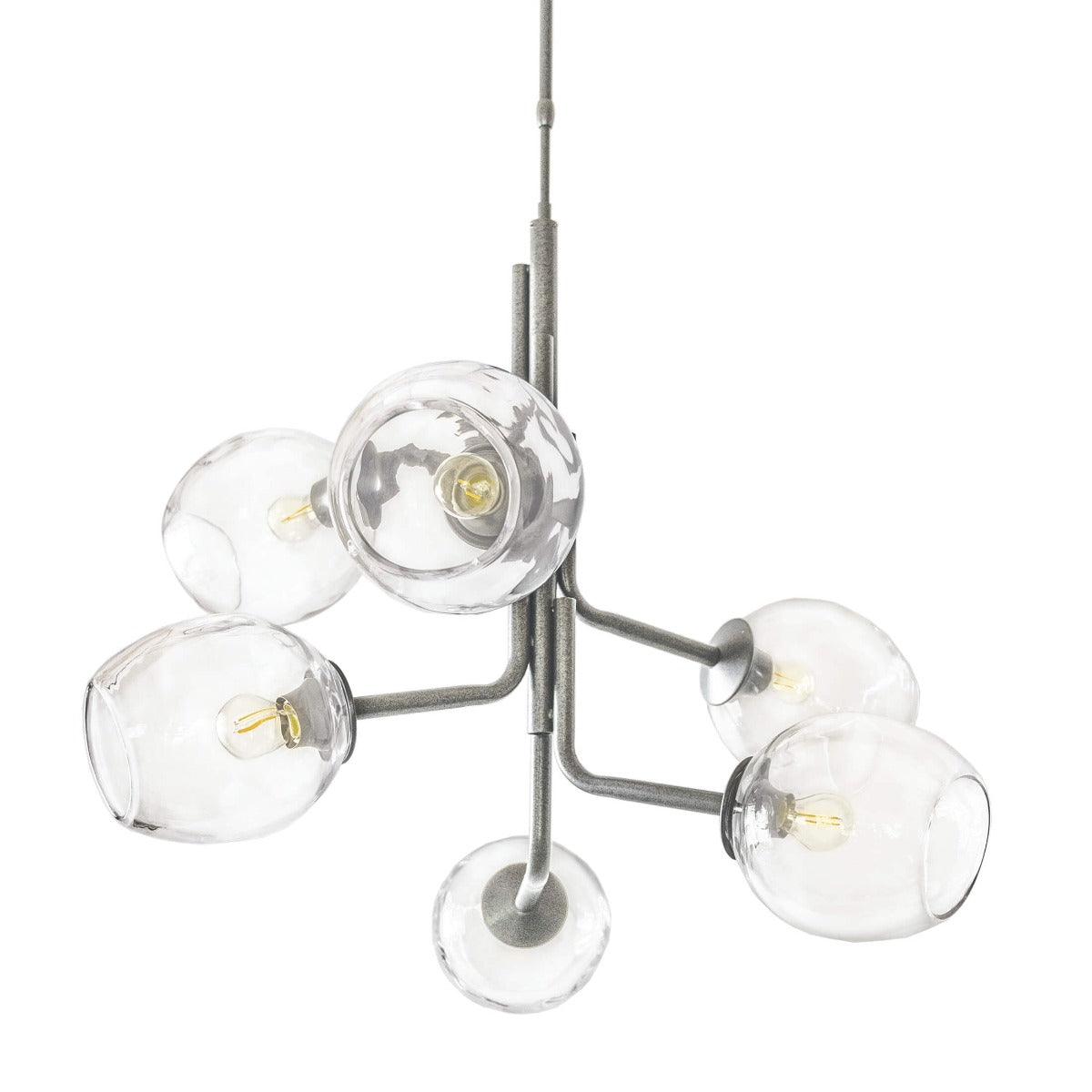 Chandelier with gray metal frame and six clear glass globe shades arranged around central stem with pendant cord.